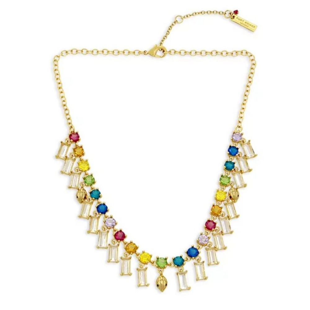 Kurt Geiger Rainbow Stone Frontal Necklace 14" gold chain dangle new NWOT